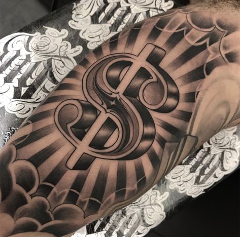 Tattoo Designs Men Arm, Money Sign Tattoo, Dollar Sign Tattoo, Self Made Tattoo, Dollar Tattoo, Sign Tattoo, Money Tattoo, Chicano Style Tattoo, Men Tattoos Arm Sleeve