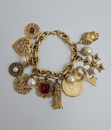 Vintage 1980s French Etruscan Couture Matte Gold Toned Charm Bracelet. Estate | eBay Cool Vintage Jewelry, Gold Jewelry Styling, Vintage Bracelet Stack, Gold Jewelry Stack Bracelet, Vintage Western Jewelry, Chunky Vintage Jewelry, Cool Gold Jewelry, Gold Maximalist Jewelry, Gold Jewelry Inspiration