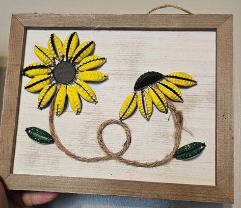 Sunflower Bottle Cap Art Two Flowers - Etsy Bottle Cap Sunflower, Diy Bottle Cap Crafts, Bottle Top Crafts, Bottle Projects, Cap Art, Beer Cap, Two Flowers, Bottle Cap Art, Bottle Cap Crafts