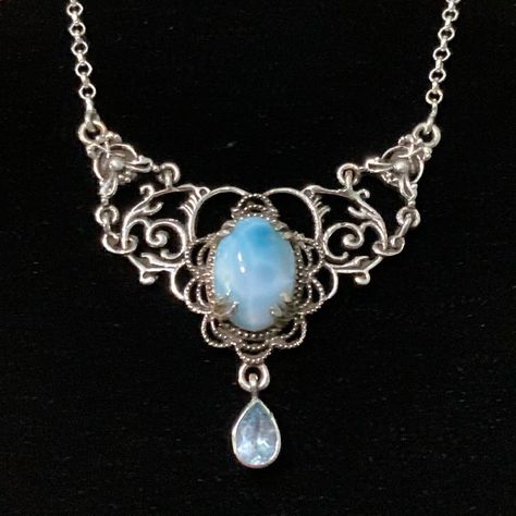 Larimar Aquamarine Genuine Gemstone Sterling Art Nouveau Style Necklace New! It's Like Looking Into The Ocean! Beautiful Shades Of Blue Set Into An Elegant Setting, Which Has Swirls And Swoops And Vines, Reminiscent Of The Antique Art Nouveau Style Marked 925 On Clasp And On Center Focal Piece Measures 20" Of Wearable Length Focal Area Is 2" Across And 1.5" Height This Would Make A Lovely Gift For Someone Who Loves The Ocean, The Sea, Lakes, Rivers, Streams, Bathtubs (Lol), A Mermaid, Perhaps? Or Someone With A March Birthstone, Or Just Loves The Color Blue! Gift Wrapping Available, Message Me At Purchase Bin623? Water Themed Jewelry, Blue Gem Jewelry, Blue Gift Wrapping, Mermaid Kingdom, Character Jewelry, Rivers Streams, Art Nouveau Fashion, Water Jewelry, Accessory Inspo