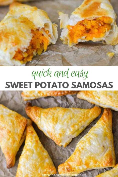 Easy sweet potato and pea samosas are simple to make with store-bought puff pastry! #easysamosas #sweetpotatosamosas #puffpastrysamosas Sweet Potato Samosa, Deep Fried Puff Pastry, Sweet Potato Wontons, Puff Pastry Samosa, Sweet Potato Puff Pastry Recipes, Puff Pastry Samosa Recipe, Homemade Samosas, Samosas Recipe, Friendsgiving 2023