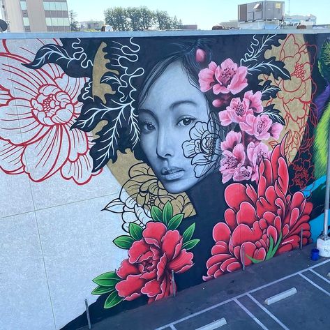 Portrait Mural, Art Graf, Street Art Love, Modesto California, Geisha Art, Head In The Clouds, Graffiti Murals, Facebook Fan Page, Murals Street Art