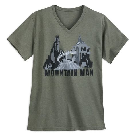 This Shirt Is Brand New With Its Original Disney Parks Tags Attached, And Was An Exclusive Of The Disneyland And Disney World Parks That Sold Out Quickly And Is Rare Now. It's An Officially Licensed Men's Size V-Neck Graphic Tee In Olive Green Fabric With The Title Mountain Man In Black And Artwork Of The Splash Mountain, Big Thunder Mountain, And Space Mountain Ride Attractions In Gray And Black Above. Disneyland Splash Mountain, Disney November, Big Thunder Mountain, Thunder Mountain, Disney Shirts For Men, Disney Shorts, Diy Disney Shirts, Splash Mountain, Diy Disney