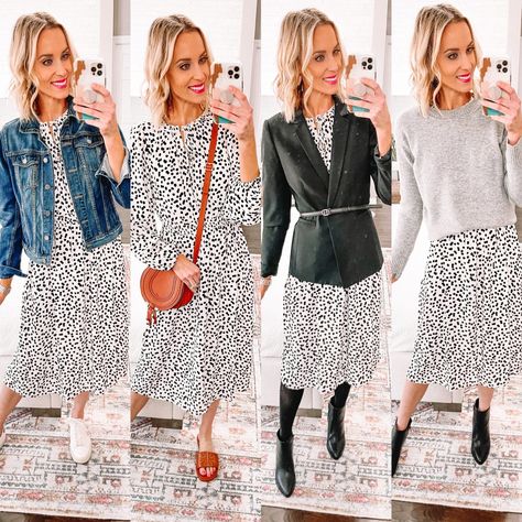 Which way would you wear this black and white polka dot dress? Polka Dot Dress Outfit Winter, Dots Dress Outfit, White Polka Dot Dress Outfit, Dot Dress Outfit, Polka Dot Dress Outfit, White And Black Polka Dot Dress, Sunday Church Outfits, Spotty Dress, Poet Sleeve