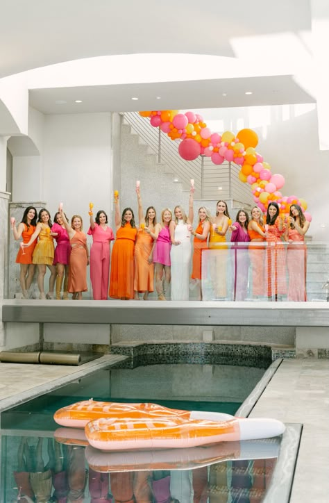 Sunset Cruise Bachelorette, Sunset Night Bachelorette, Color Block Bachelorette Party, Sunset Theme Bachelorette Outfits, Tequila Sunrise Party Decor, Different Bachelorette Party Ideas, Tequila Sunrise Bridal Shower Theme, Lisbon Hen Party, Veuve Before Vows Bachelorette Outfits