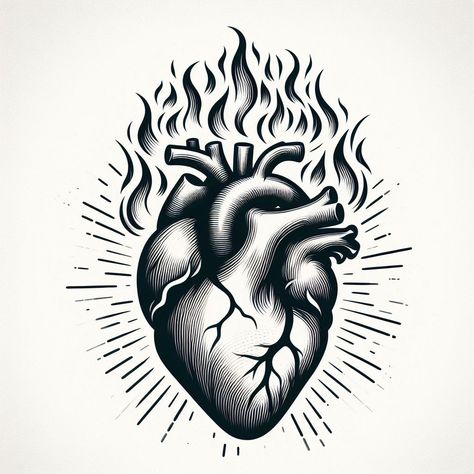 Sacred Heart Tattoo Outline, Cold Heart Tattoo, Fire Heart Tattoo Design, Old School Anatomical Heart Tattoo, Flamed Heart Tattoo, Black Work Tattoo Flash, Heart With Eye Tattoo, Mexican Burning Heart Tattoo, Flame Heart Drawing