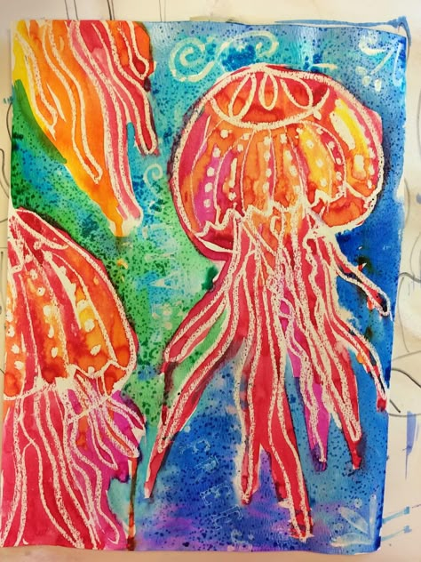 I love the warm and cool colors used. The salt effect came out great. Teacher Watercolor, Watercolor Salt, Ocean Commotion, Watercolor Resist, Watercolour Techniques, Summer Art Projects, Sea Watercolor, Cnidaria, 3rd Grade Art