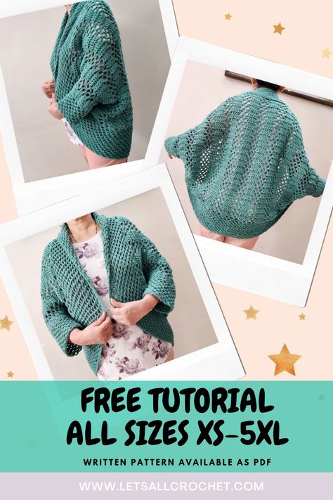 Crochet Lacily Cocoon Cardigan or Shrug All sizes easy beginner tutorial step by step Shrug Tutorial, Crochet Cocoon Cardigan, Cocoon Cardigan Pattern, Crochet Shrug Pattern Free, Knitting Patterns Cocoon, Crochet Snood, Very Easy Crochet, Crochet Cocoon, Aesthetic Sweaters