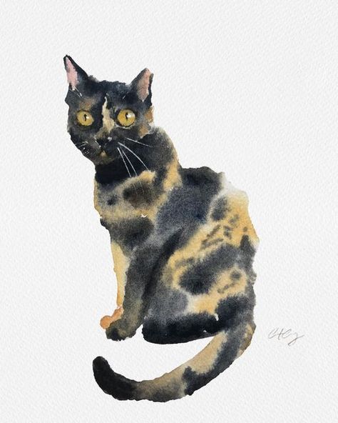 Tortie Cat Drawing, Tortie Cat Art, Tortoise Cats, Tortie Cat, Tortoise Cat, Tortoise Shell Cat, Watercolor Cat, Panel Wall Art, Cat Decor