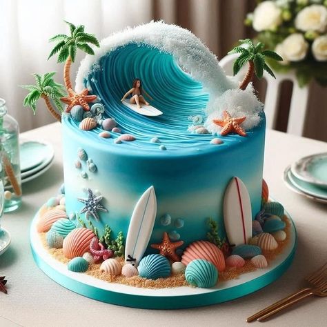 Beach Cake Ideas, Bolo Crossfit, Surfer Cake, Hawaiian Birthday Cakes, Tropical Birthday Cake, Ocean Birthday Cakes, Hawaii Cake, Summer Birthday Cake, Beach Birthday Cake