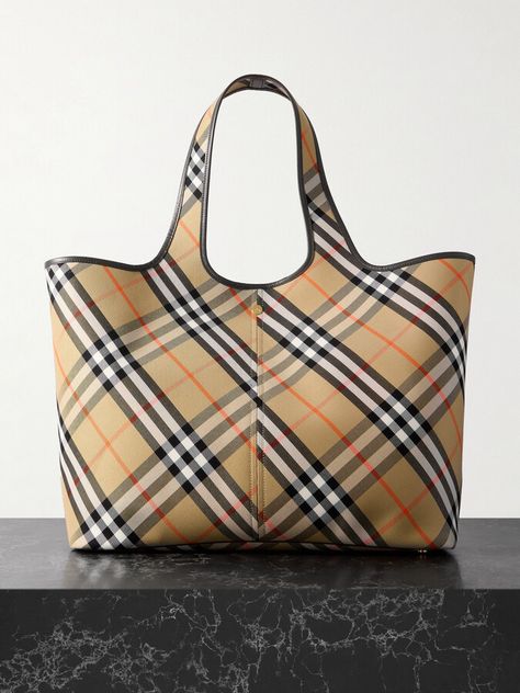 Burberry - Leather-trimmed Checked Cotton-canvas Tote - Neutrals Horse Tote Bag, Burberry Tote Bag, Burberry Tote, Canvas Leather Tote, Flat Dress Shoes, Straw Tote, Burberry Women, Fine Jewelry Designers, Check Pattern