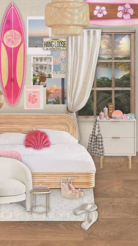 Pink Surf Bedroom, Preppy Beach Themed Room, Beachy Girly Bedroom, Costal Granddaughter Aesthic Room Pink, Colorful Beachy Room, Pink Beach Bedroom Ideas, Pink Ocean Themed Bedroom, Pink Beach Theme Bedroom, Preppy Beachy Room Ideas