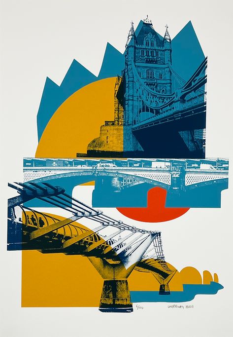 ‘City Bridges' is a limited edition screen print paying homage to three iconic Thames crossings. Screenprint designed and printed by the members of artist collective Underway Studio onto Southbank smooth 310gsm paper. Off Screen Graphic Design, City Collage Poster, City Poster Design, Architectural Posters, Bauhaus Graphic Design, City Graphic Design, Bridge Illustration, Bridges Architecture, Architecture Prints