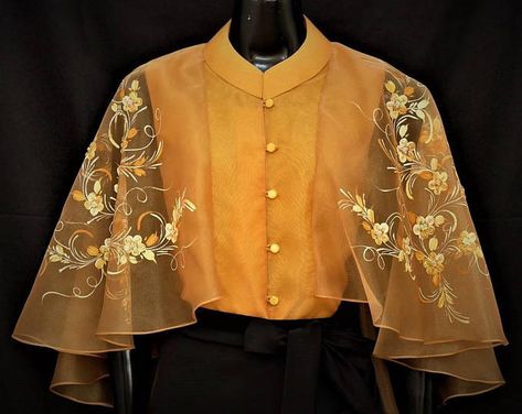 Modern FILIPINIANA Inspired Dress Silk Hand-Painted CAPE BARONG tagalog Philippine National Costume - Gold Philippine National Costume, Cape Blouse, Modern Filipiniana, National Costume, Blouse Design, Saree Blouse, Blouse Designs, Cape, Fashion Inspo