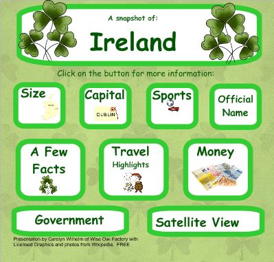 FREE interactive IRELAND SMART Board lesson for elementary education Ireland Crafts, Sant Patrick, Smart Board Lessons, Ireland Culture, March Ideas, Irish Things, Country Studies, Free Notebook, Spring School