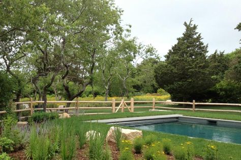 The designers wanted to incorporate this backyard pool into the surrounding rural landscape. To do it, they bordered the pool on three sides with grass and added wildflowers to the poolside garden. A rustic fence encloses the vignette, adding farmhouse-style charm. Woodland Meadow, Country Pool, Barn Pool, Swimming Pool Images, Swimming Pool Ideas, Pool Images, Pool House Designs, Rustic Fence, Swimming Pool House