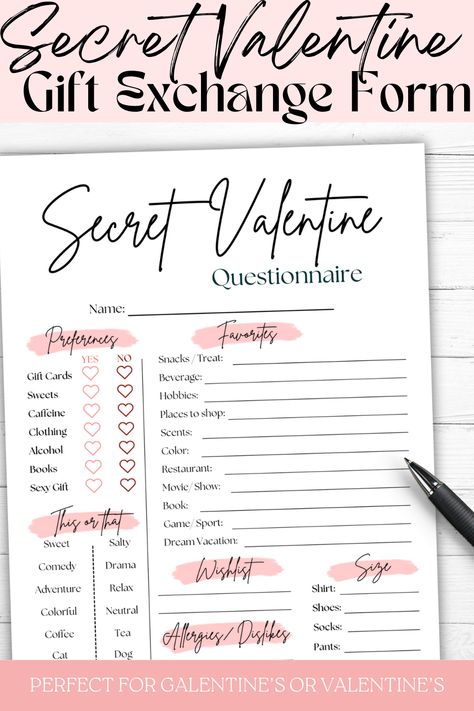 Spread the love this Valentine's with our Secret Valentine Printable Bundle! From secret valentine questionnaires to sign-up sheets and gift tags, simplify your celebrations and create heartfelt surprises for the ones you cherish. Perfect for making your Valentine's or Galentine's extra special! #valentinesgames #valentinesprintable #secretvalentine Secret Valentine Questionnaire, Gift Exchange Form, Valentine's Day Game, School Party Games, Survey Questionnaire, Sign Up Sheets, Book Restaurant, Dog Pants, Secret Valentine