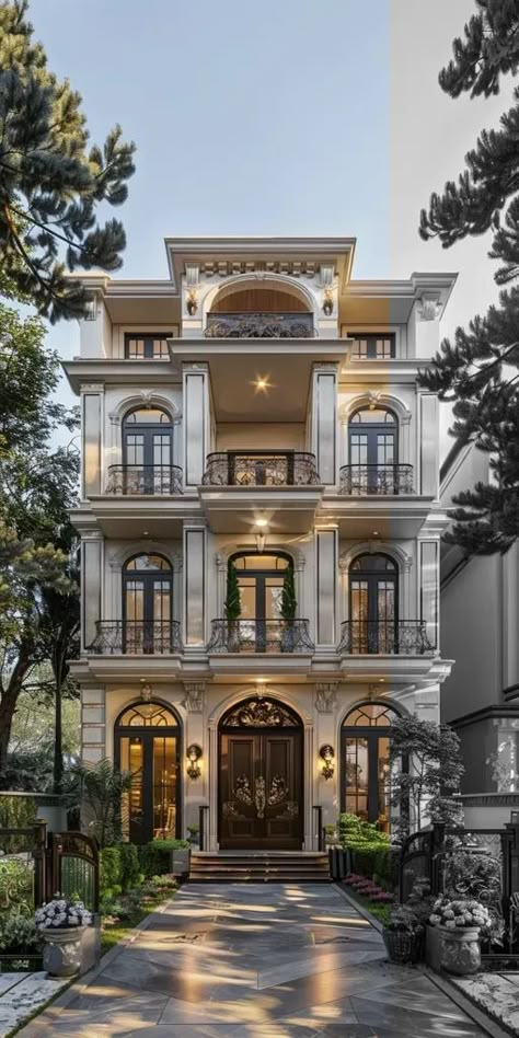 Full Color Image in ai-img-gen.com 🔸 Neoclassical architecture, 4-storey house --s 250 --style raw --v 6.0 --ar 1:2 🔸 From Midjourney AI Image Luxury Apartments Exterior, Ny Apartment, Classic Apartment, Home Spa Room, Apartments Exterior, 2 Storey House Design, 2 Storey House, Classic House Exterior, Building Elevation