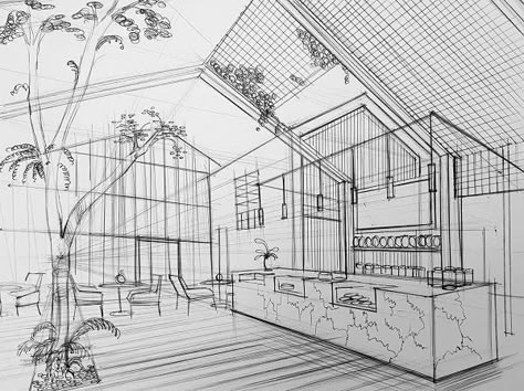 Cafe Drawing Interior, Perspective 2 Point Room, Perspective Interior Drawing, 2 Point Perspective Drawing Interior, Perspective Drawing Interior, Interior Perspective Drawing, One Point Perspective Room, Cafe Sketch, Croquis Architecture