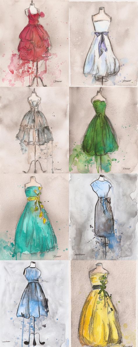 Art ~ Lauren Maurer ~ Watercolour Vintage Dresses!    I am blown away by the beauty of these paintings by Lauren Maurer.  They just seem to capture everything that is wonderful about vintage dresses, in a style that exudes class and softness.  Gorgeous! Drawing Style, Cat Air, Illustration Watercolor, Dress Drawing, Design Drawings, Fashion Design Sketches, Art And Illustration, Drawing Tips, Art Journals