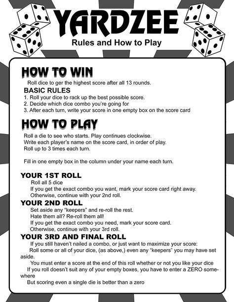 Yahtzee Rules, Yahtzee Score Card, Yahtzee Score Sheets, Yard Yahtzee, Printable Playing Cards, Diy Yard Games, Game Rules, Fun Card Games, Yard Games