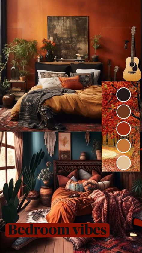 Afro Bohemian, Bedroom Vibes, Colorful Interior Design, Bedroom Orange, Bedroom Color Schemes, Apartment Decor Inspiration, Remodel Bedroom, Eclectic Home, Bedroom Colors