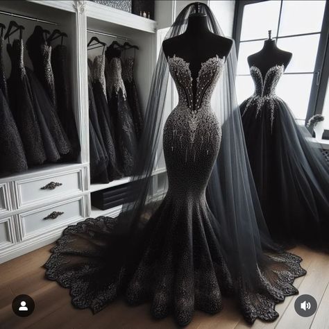 Black Mermaid Style Wedding Dress, Black Wedding Dress Princess, Black Goth Wedding Dress, Dark Romantic Wedding Dress, Black Wedding Gowns The Bride, Mafia Wedding Dress, Black Wedding Dresses Gothic, Vampire Wedding Dress, Mermaid Wedding Dress Black