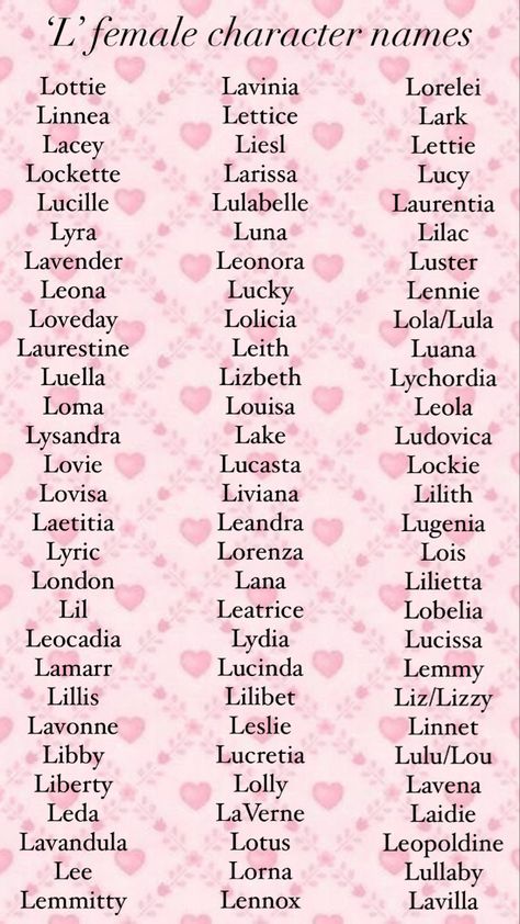 Names for female characters beginning in the letter ‘L’. Unique Women Names, Name Art Aesthetic, Cute Names For Ocs, M Female Names, Pretty Last Names For Characters, Female Last Names, L Names For A Girl, Vintage Female Names, Female Oc Names