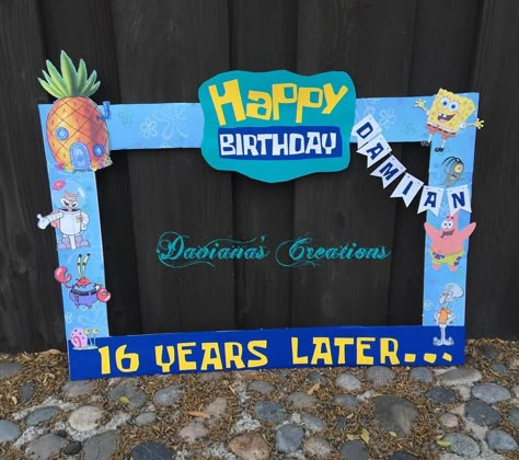 Daviana💋💕 on Instagram: “Spongebob order. Kids first bday was spongebob. And 16 years later....😬 #spongebob #spongebobparty #partypictureframe #photobothprops…” Spongebob Photo Frame, Spongebob Picture Frame, Spongebob Photo Backdrop, Spongebob Birthday Party Decorations Printable, Sweet 16 Spongebob Theme, Sweet 16 Spongebob, Spongebob Photo Booth, Spongebob Birthday Party 16, Spongebob 16th Birthday Party