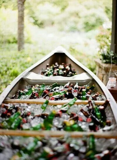 Fishing themed wedding idea. Love it! Canoe Cooler, Fishing Themed Wedding, Barbecue Wedding, Rustic Summer Wedding, Fishing Wedding, Bar Exterior, Highland Wedding, Old Boats, Backyard Barbecue