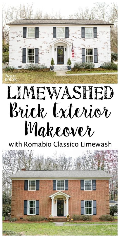 Limewashed Brick Exterior Makeover Reveal - Bless'er House Limewashed Brick, Brick Exterior Makeover, Lime Wash Brick, German Smear, Brick Colonial, Brick Homes, Lime Wash, Colonial Exterior, Home Exterior Makeover