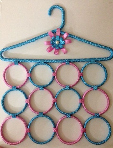 Blue and pink scarf holder Handmade Hanger, Scarf Holder, Hanger Crafts, Clothes Pin Crafts, Art N Craft, Diy Crafts Hacks, Sewing Organization, Crafts Hacks, Crochet Handmade