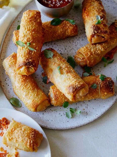 Crispy Baked Pepperoni Pizza Egg Rolls | spoon fork bacon | Bloglovin’ Baked Pepperoni, Egg Rolls Baked, Pizza Egg Rolls, Pepperoni Pizza Rolls, Refrigerated Pizza Dough, Spoon Fork Bacon, Big Pizza, Chicken Spring Rolls, Savory Foods