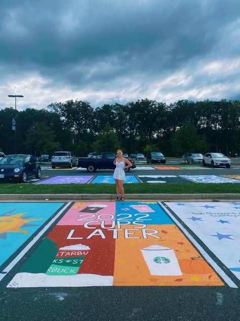 Starbucks senior parking spot Football Senior Parking Spot, Senior Parking Spot Ideas Simple, Soccer Senior Parking Spots, Cute Senior Parking Spot Ideas Funny, Funny Senior Parking Space Ideas 2024, Funny Painted Parking Spots, Disney Parking Spot, Senior Parking Spot Ideas Funny, Funny Parking Spot Painting Ideas