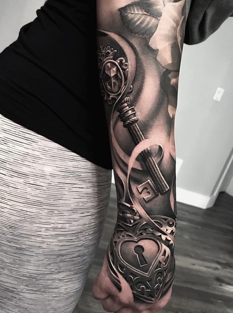 - Realistic Tattoos by Greg Nicholson  <3 <3 Lock Key Tattoos, Locket Tattoos, Trash Polka Tattoo Designs, Catrina Tattoo, Feminine Tattoo Sleeves, Key Tattoos, Realistic Tattoo Sleeve, Key Tattoo, Tattoos Women