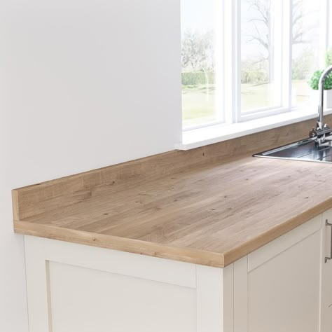 White Kitchen Oak Worktop, Wood Worktop Kitchen, Howdens Worktops, White Kitchen Worktop, Howdens Kitchens, Oak Worktops, Wood Worktop, Off White Kitchens, Oak Cupboard