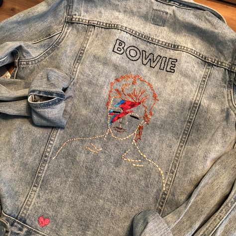 Hand embroided David Bowie denim jacket David Bowie Embroidery, 60th Birthday Presents, Hoodie Diy, Crafty Craft, 60th Birthday, Birthday Present, David Bowie, Denim Jean, Birthday Presents