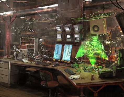 'Workshop' by John Liberto Cyberpunk Room, Sf Wallpaper, Spaceship Interior, Sci Fi Environment, New Retro Wave, Rpg Map, Arte Robot, Cyberpunk Aesthetic, Science Fiction Art