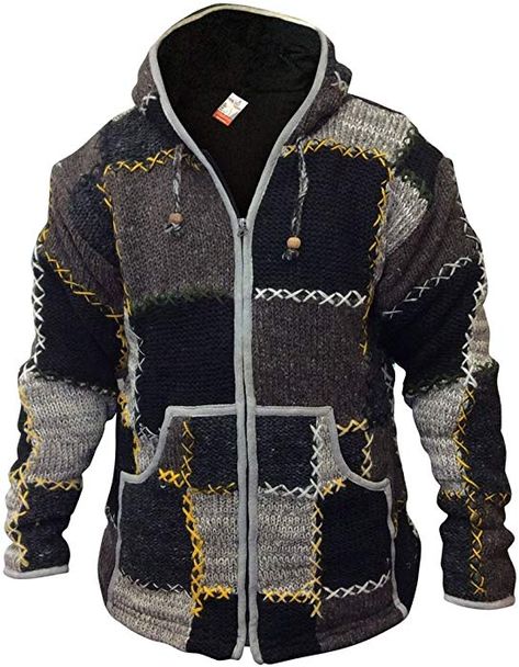 SHOPOHOLIC FASHION Mens Wool Patchwork Superwarm Jacket(L,Mix): Amazon.co.uk: Clothing Utility Clothing, Wool Patchwork, Hippie Jacket, Boho Pullover, Festival Jacket, Jumper Outfit, Slim Sweater, Jackets Men Fashion, Zippered Sweater