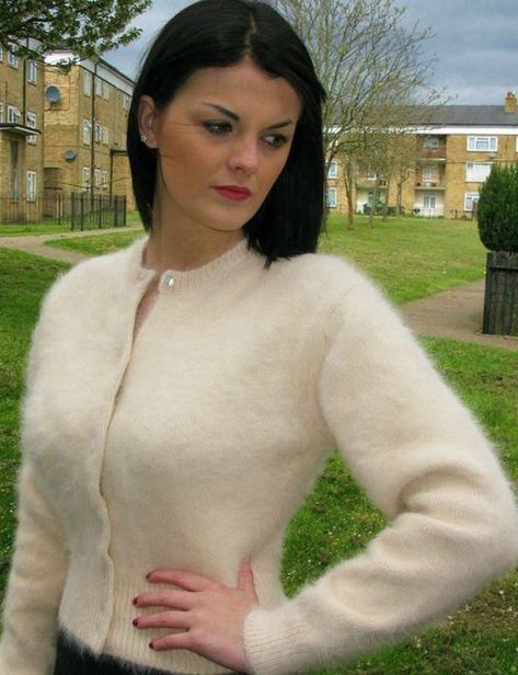 Fluffy Cardigan Outfit, Angora Cardigan, Fluffy Cardigan, Cardigan Outfit, Plastic Clothes, Fuzzy Cardigan, Angora Sweater, Cardigan Outfits, Fuzzy Sweater