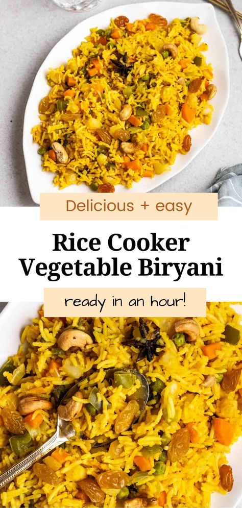 Aromatic, savory, and packed with flavors, this rice cooker biryani will be a crowd-pleaser! It is fuss-free, easy to make, and ready in an hour. A hearty and satisfying dish that is perfect for weeknight dinners. Meatless Meals Healthy, Vegetable Biryani, Biryani Rice, Vegan Asian Recipes, Rice Cooker Recipes, Vegan Rice, Healthy Summer Recipes, Vegan Main Dishes, Biryani Recipe