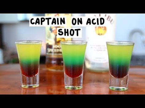 CAPTAIN ON ACID SHOT 1/2 oz. (15ml) Captain Morgan Rum 1/2 oz. (15ml) Coconut Rum 1 oz. (30ml) Pineapple Juice Splash Blue Curacao Splash Grenadine PREPARATION 1. In a shaker with ice, combine Captain Morgan spiced rum, Coconut Rum, and pineapple juice. Shake well. 2. Strain mix into a shot glass, filling it almost to the top. 3. Carefully add a splash of blue Curaçao and a splash of grenadine. DRINK RESPONSIBLY! Dear Alcohol, Flaming Shots, Flaming Drinks, Fruity Shots, Rum Shots, Layered Shots, Captain Morgan Rum, Melon Liqueur, Water Shoot