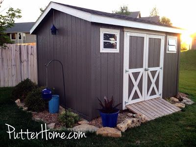 Favorite Paint Colors: Porpoise and Rice Grain {what colors to paint your shed} Shed Paint Colours, Shed Colors, Shed Shelving, Cool Sheds, Painted Shed, Shed Landscaping, Shed Makeover, Backyard Storage, Shed Colours