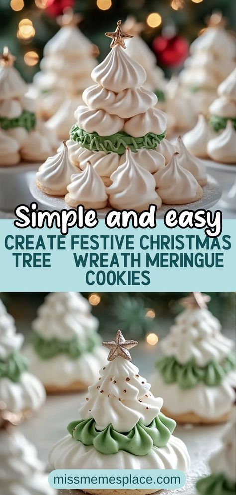 Transform your holiday gatherings with these delightful Christmas Tree & Wreath Meringue Cookies! Light as air and beautifully decorated, these festive meringues not only taste great but also serve as stunning table centerpieces. This easy recipe includes step-by-step instructions, tips for perfecting your meringue, and creative ideas for decorating. Impress your friends and family with these whimsical treats that capture the magic of the season. Perfect for any holiday celebration! Christmas Tree Mirangue, Meringue Christmas Trees, Wreath Meringue, Xmas Cookies Decorated, Christmas Meringue Cookies, Meringue Christmas, Whimsical Treats, Cookies Light, Diy Bouquet Wrap