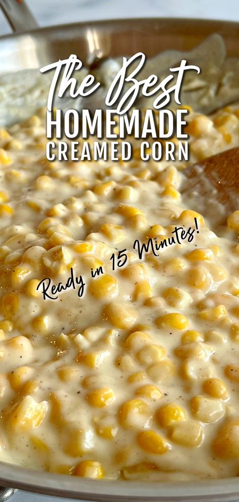 This image show creamed corn cooked in a skillet, ready to serve. Creamed Corn Recipe With Cream Cheese, Homemade Creamed Corn, Homemade Cream Corn, Corn Recipes Side Dishes, Cream Cheese Corn, Corn Side Dish, Creamed Corn Recipes, Cream Corn, Corn Dishes