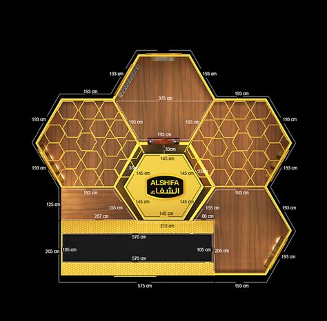 Honey Shop Design Ideas, Bee Cafe, Hexagon House, Ceilings Design, Floral Stand, Stand Feria, Bee Shop, Stall Design, Exhibition Stall Design