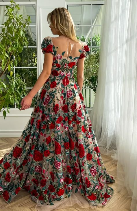 Rose Romance Mesh Gown | Teuta Matoshi Red Roses Dress, Matoshi Dress, Floral Print Prom Dress, Red Flower Dress, Teuta Matoshi, Short Puffy Sleeves, Rose Gown, Printed Prom Dresses, Mesh Gown