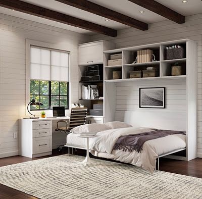 Home Office with Murphy Bed: AWESOME! | Content in a Cottage Wall Bed Designs, Murphy Bed Office, Awesome Bed, Modern Guest Bedroom, Office Guest Bedroom, Home Office Built Ins, Guest Bedroom/office, Modern Murphy Beds, Murphy Bed Diy