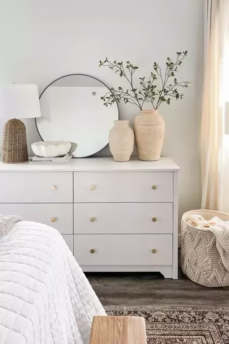 Decorate Dresser Top, Neutral Dresser, White Dresser Decor, White Dresser Bedroom, Cream And White Bedroom, Dresser Decor Bedroom, Affordable Bedroom, Neutral Bedroom Decor, Bedroom White