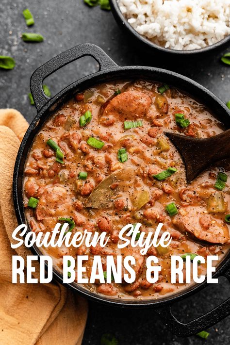 Get a taste of Southern comfort food at home with red beans and rice that's full of Cajun flavor and smoky andouille sausage. Go the from-scratch route with dried beans or take the shortcut and use canned beans. Cajun Beans And Rice, Red Beans And Rice Recipe Cajun, Southern Red Beans And Rice Recipe, Cajun Red Beans And Rice Recipe, Red Beans Recipe, Red Beans N Rice Recipe, Cajun Sausage, Sausage Rice, Southern Comfort Food